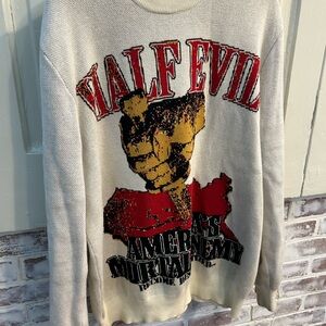 Half Evil Graphic Knit Sweater with Red & Yellow Print